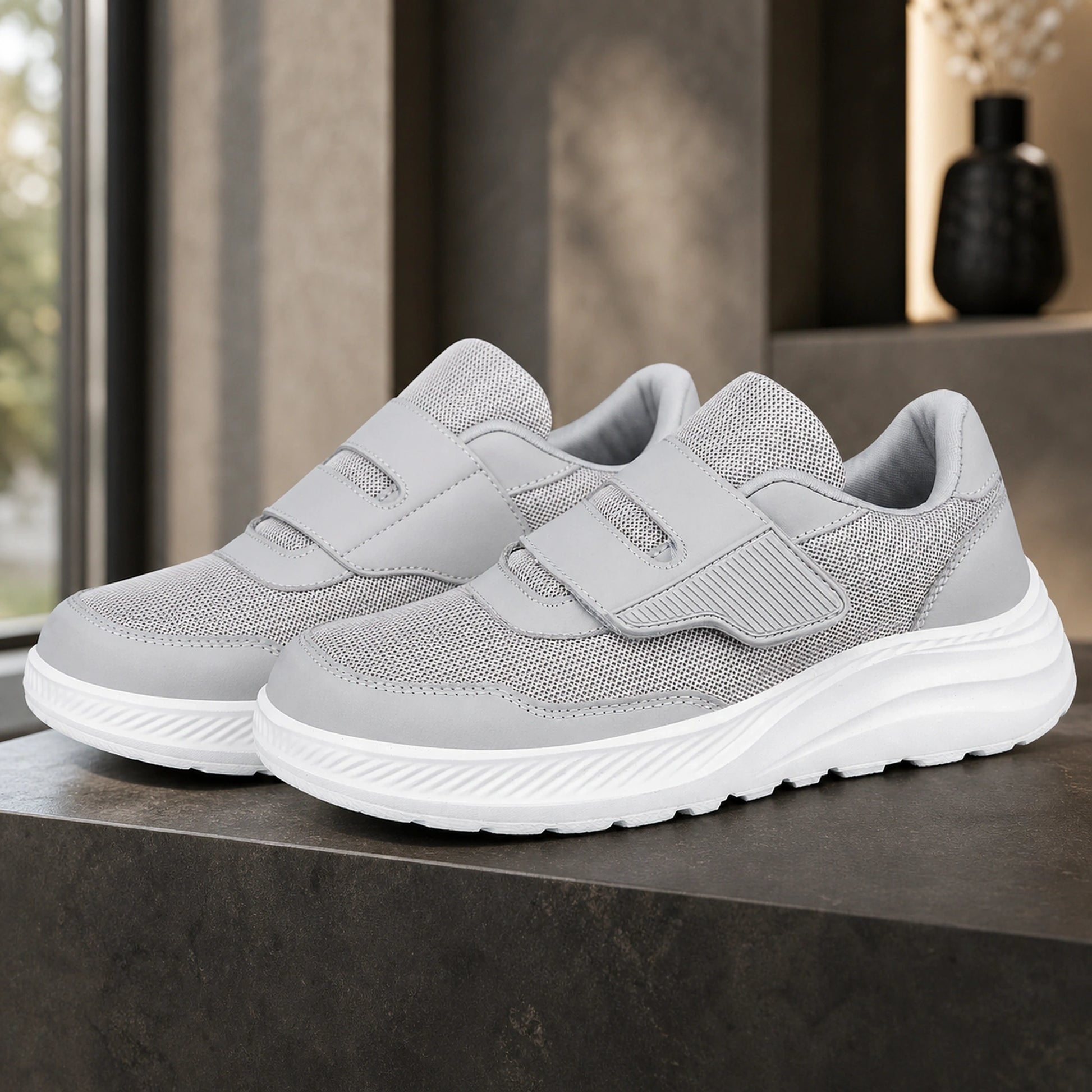 Gray men's adjustable comfort velcro shoes complete front view — view 4