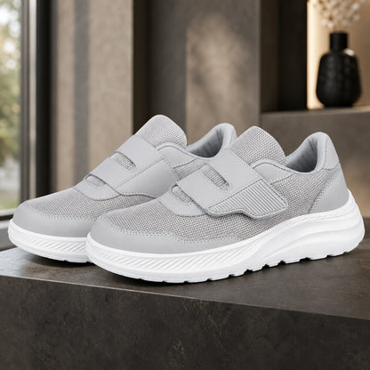 Gray men's adjustable comfort velcro shoes complete front view — view 4