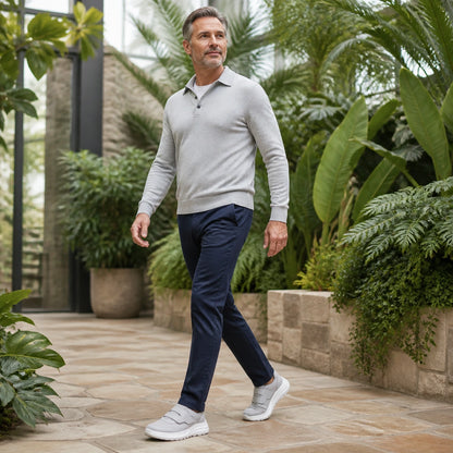 Man in his fifties wearing gray comfort velcro shoes — view 5