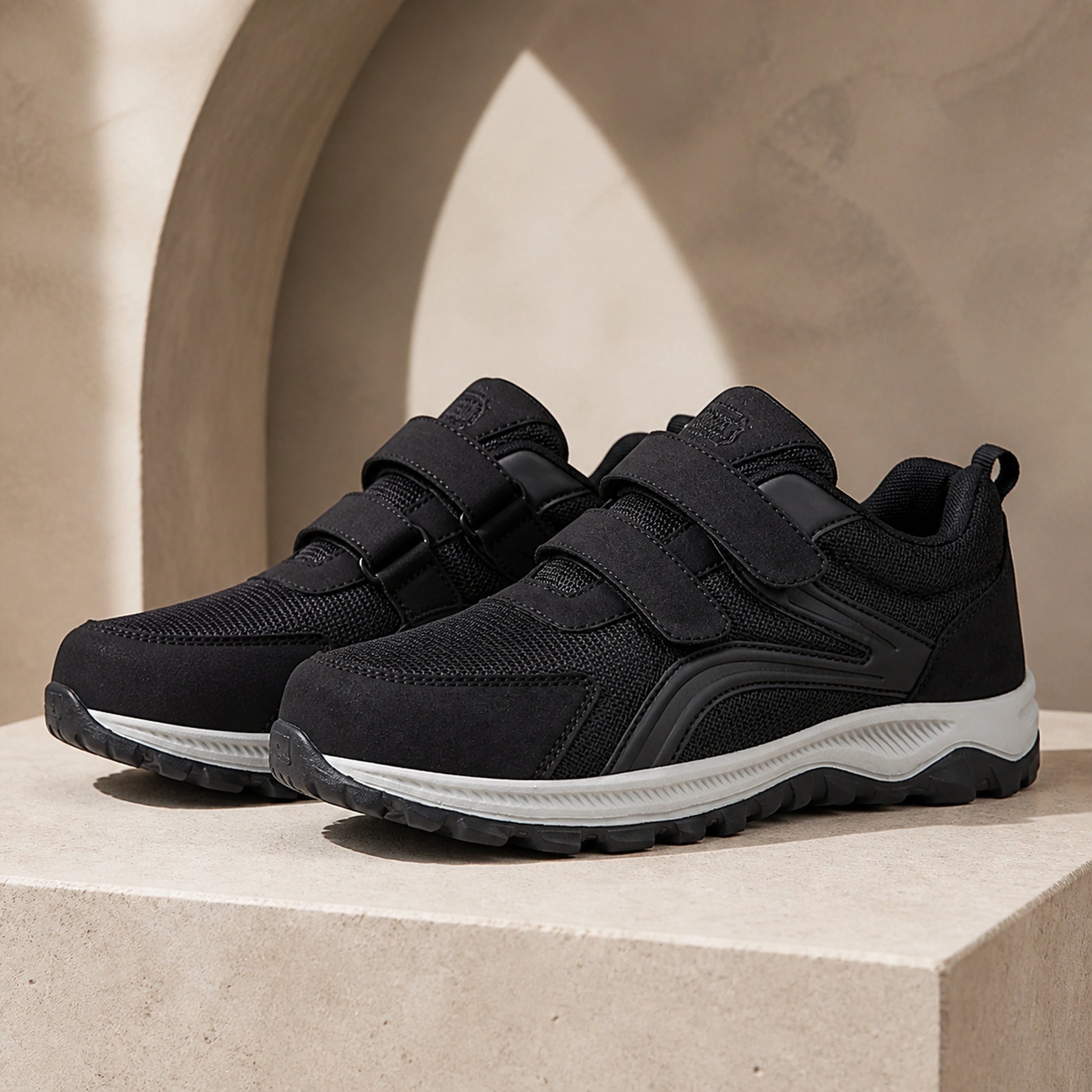 Black double strap velcro shoes front view