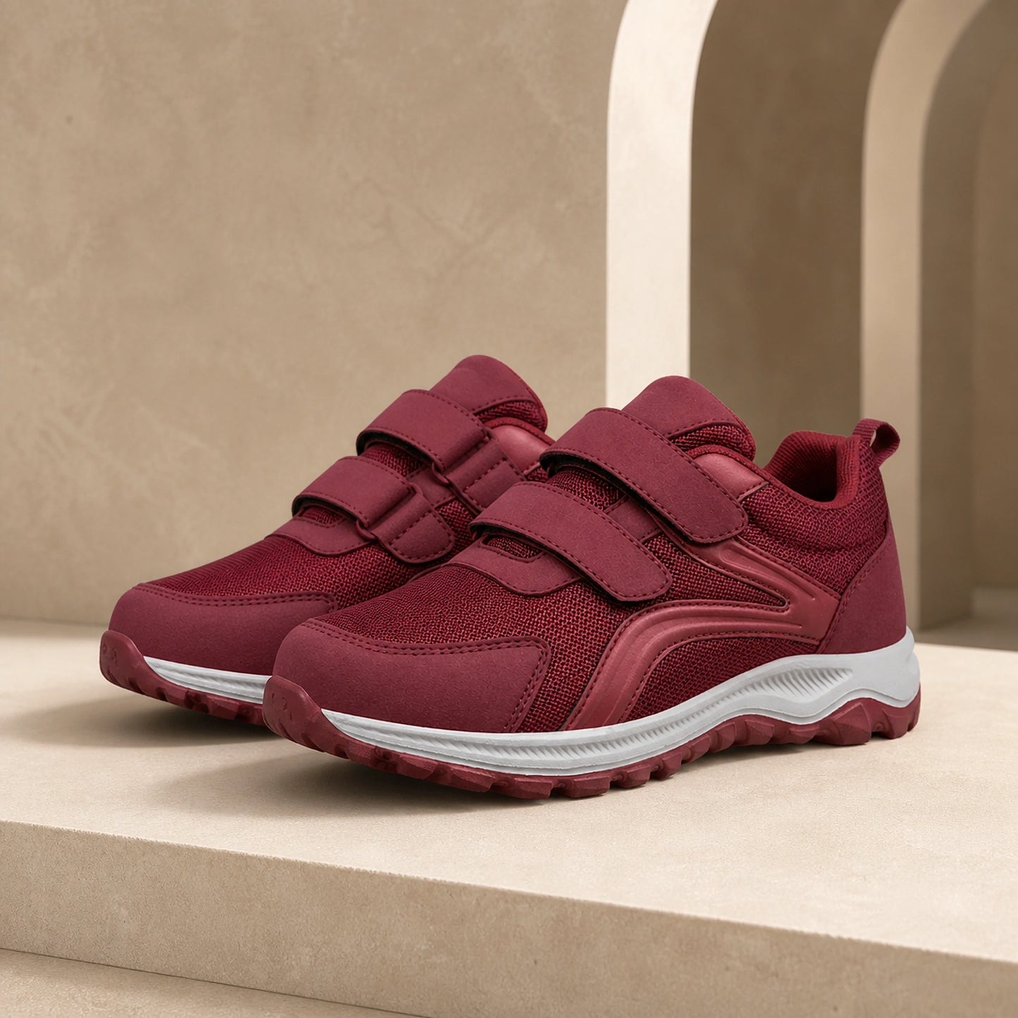 Wine red double strap velcro shoes front view — view 2