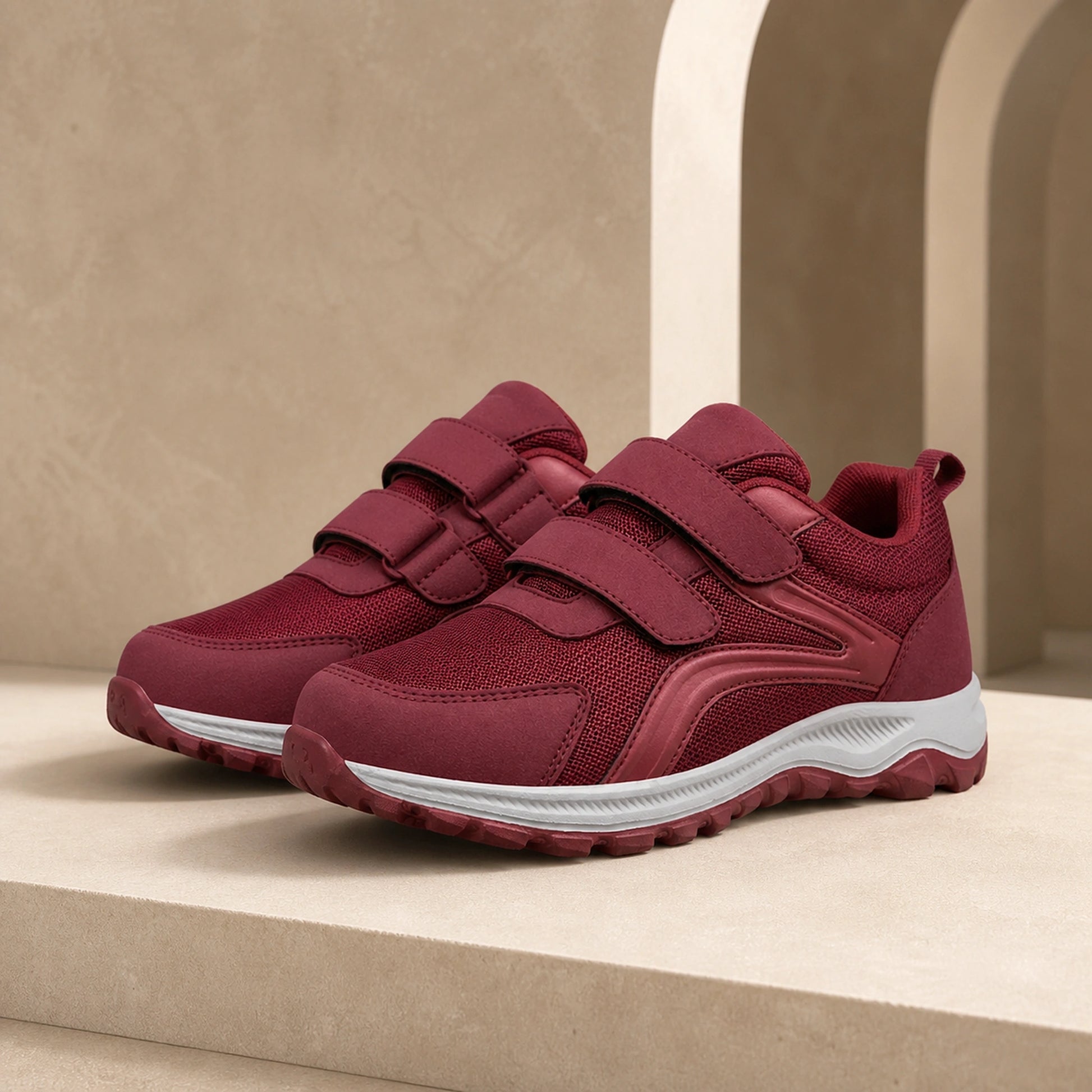 Wine red double strap velcro shoes front view — view 2
