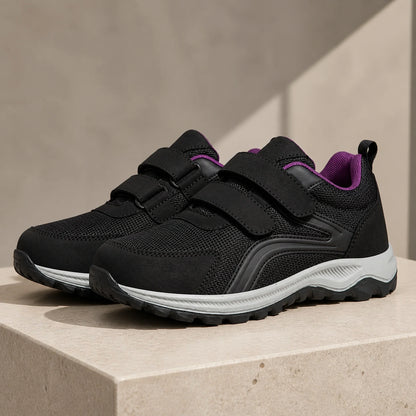 Black and purple double strap velcro shoes front view — view 3