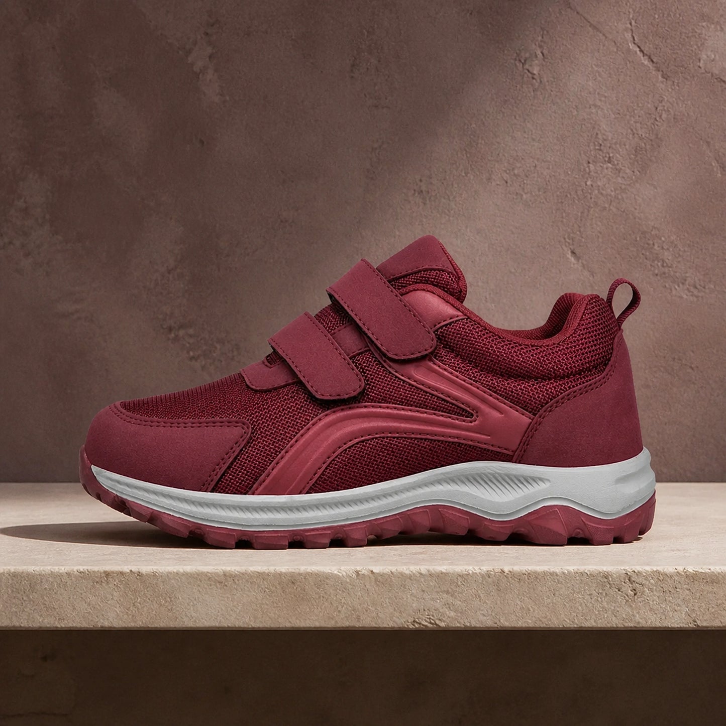 Wine red velcro shoe true side view — view 4
