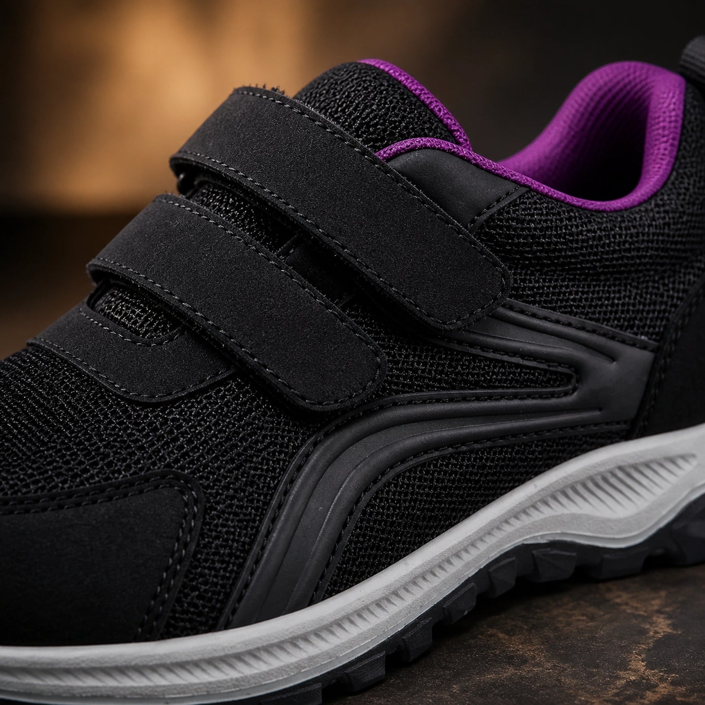 Black and purple strap mesh construction detail — view 6
