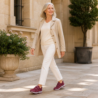 Woman in her fifties wearing wine red velcro shoes — view 7
