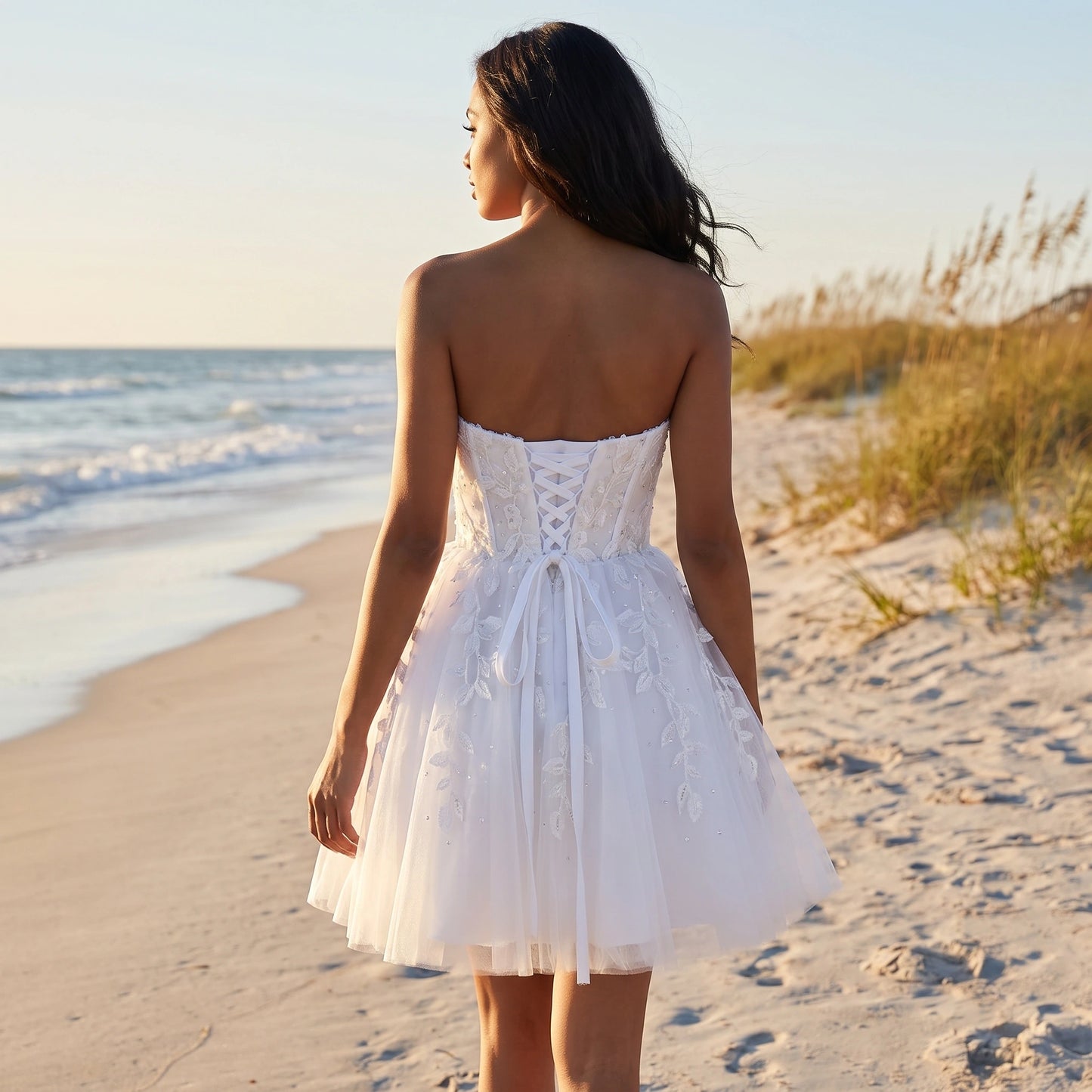Close up view of the Women's Sweetheart A Line Wedding Dress showing intricate stitching and luxurious fabric — view 5