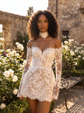 wedding dress — Close up view of the intricate lace detailing and stitching on high waisted A line mini party gown — view 3