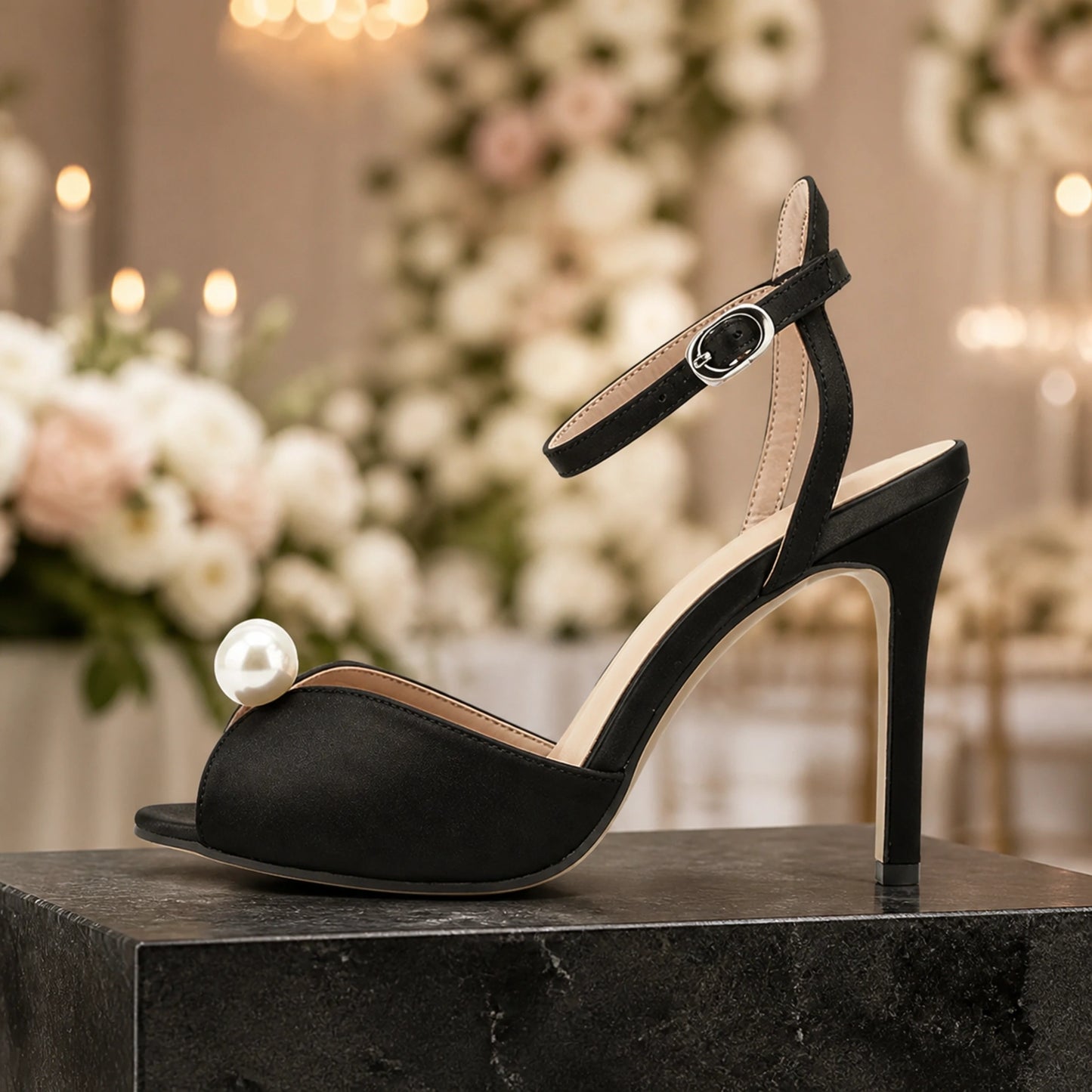 wedding guest shoes — Black pearl accent wedding guest shoe true side profile — view 3