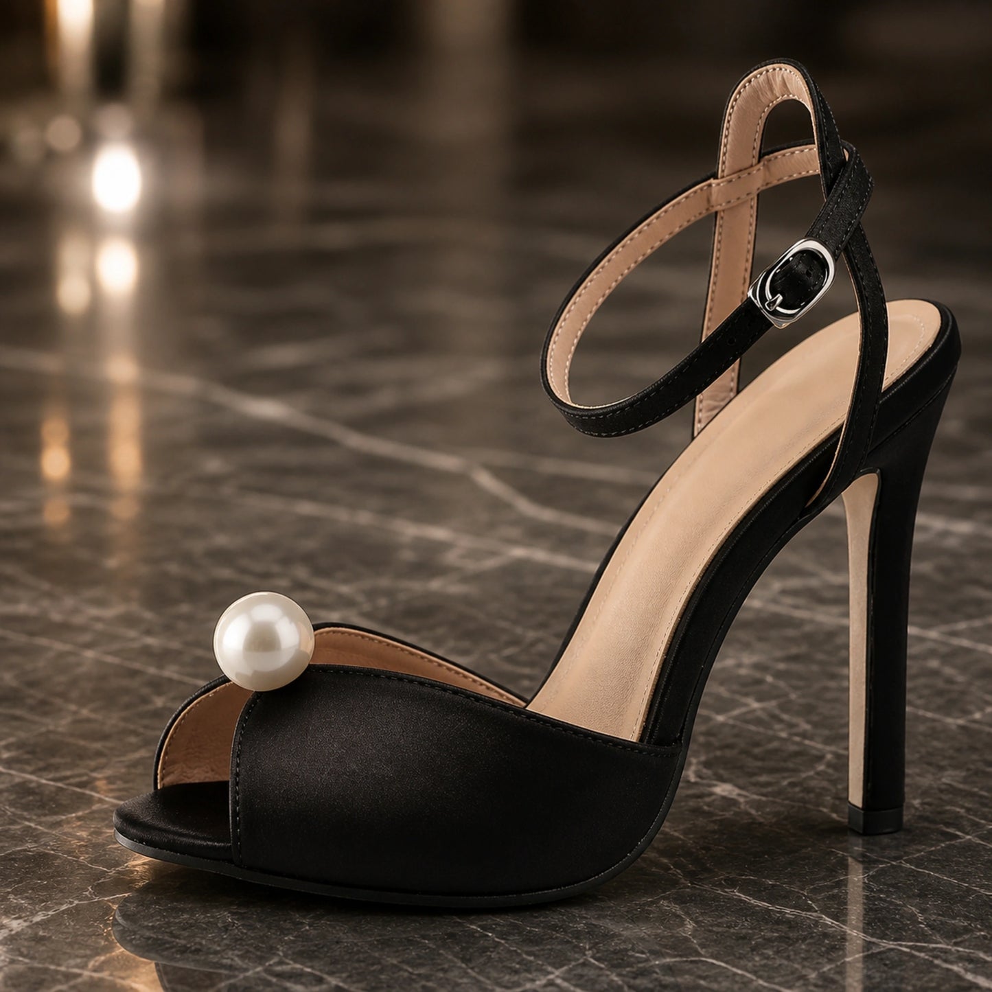 wedding guest shoes — Black pearl accent and satin look upper construction detail — view 4
