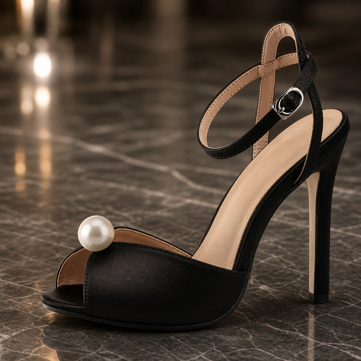 wedding guest shoes — Black pearl accent and satin look upper construction detail — view 4