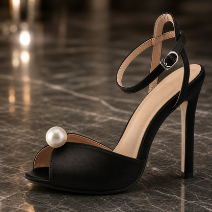 wedding guest shoes — Black pearl accent and satin look upper construction detail — view 4