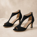 wedding guest shoes — Black suede cutout mid heel sandals