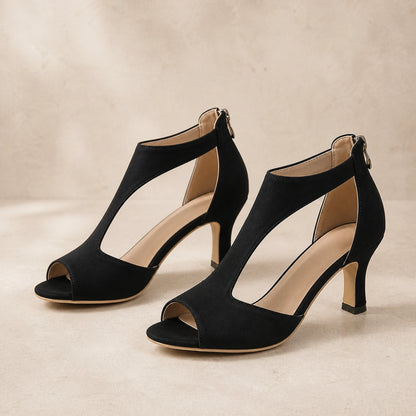 wedding guest shoes — Black suede cutout mid heel sandals