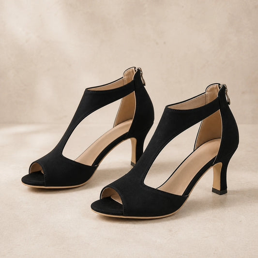 wedding guest shoes — Black suede cutout mid heel sandals