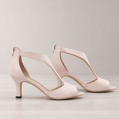 wedding guest shoes — Pink cutout mid heel sandals profile construction view — view 3