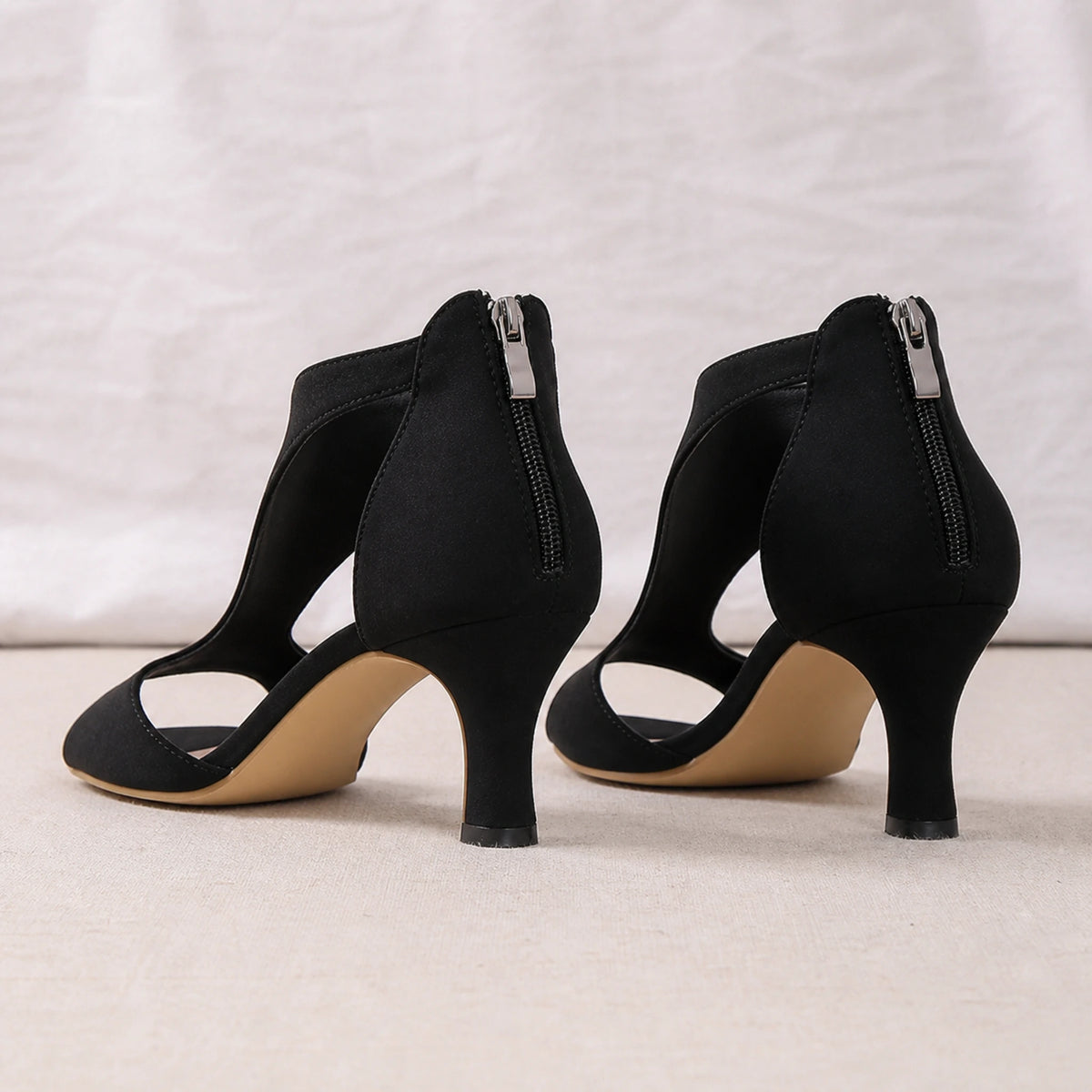wedding guest shoes — Black cutout mid heel sandals zipper and rear view — view 4