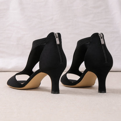 wedding guest shoes — Black cutout mid heel sandals zipper and rear view — view 4