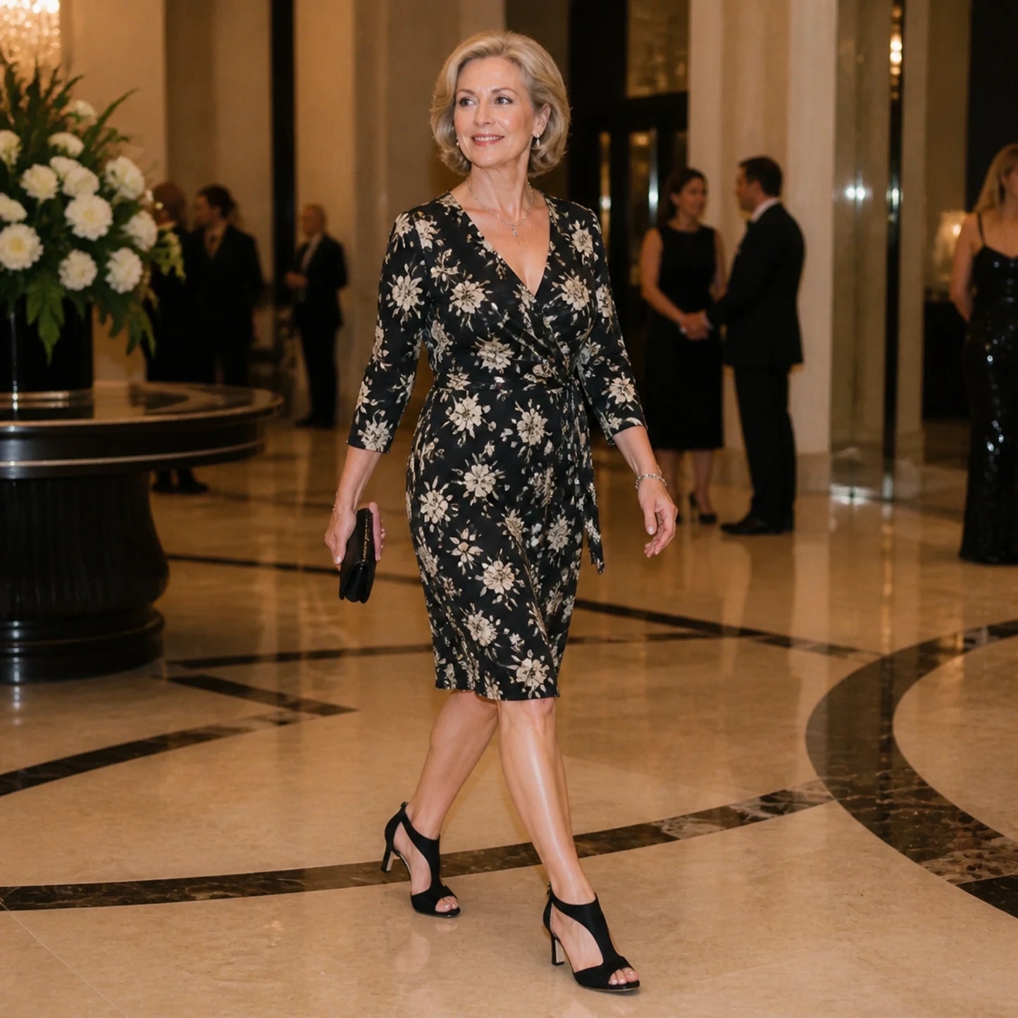 wedding guest shoes — Mature woman wearing black cutout mid heel sandals at an evening reception — view 6