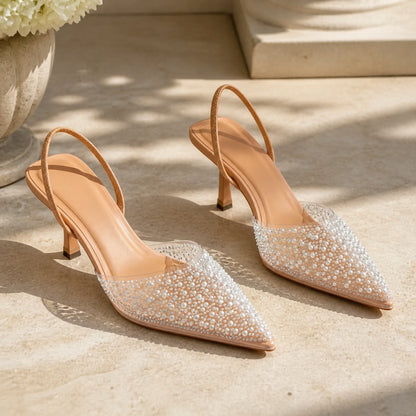 Nude pearl crystal clear slingback wedding guest shoes complete front view