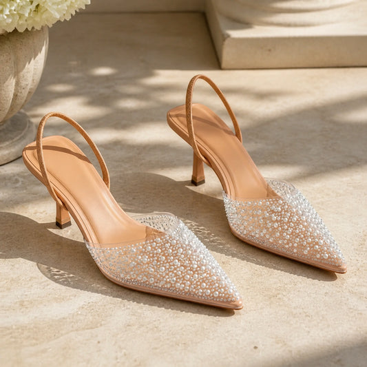 Nude pearl crystal clear slingback wedding guest shoes complete front view