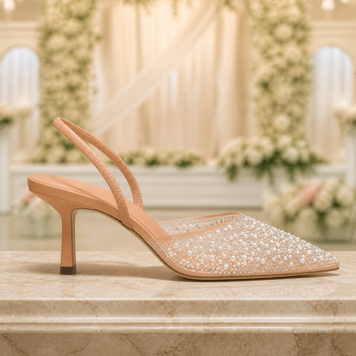 wedding guest shoes — Nude pearl crystal clear slingback pump true side profile — view 2