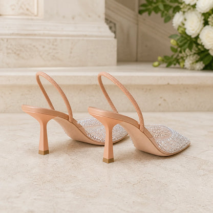 wedding guest shoes — Nude pearl crystal slingback pumps direct rear construction view — view 3