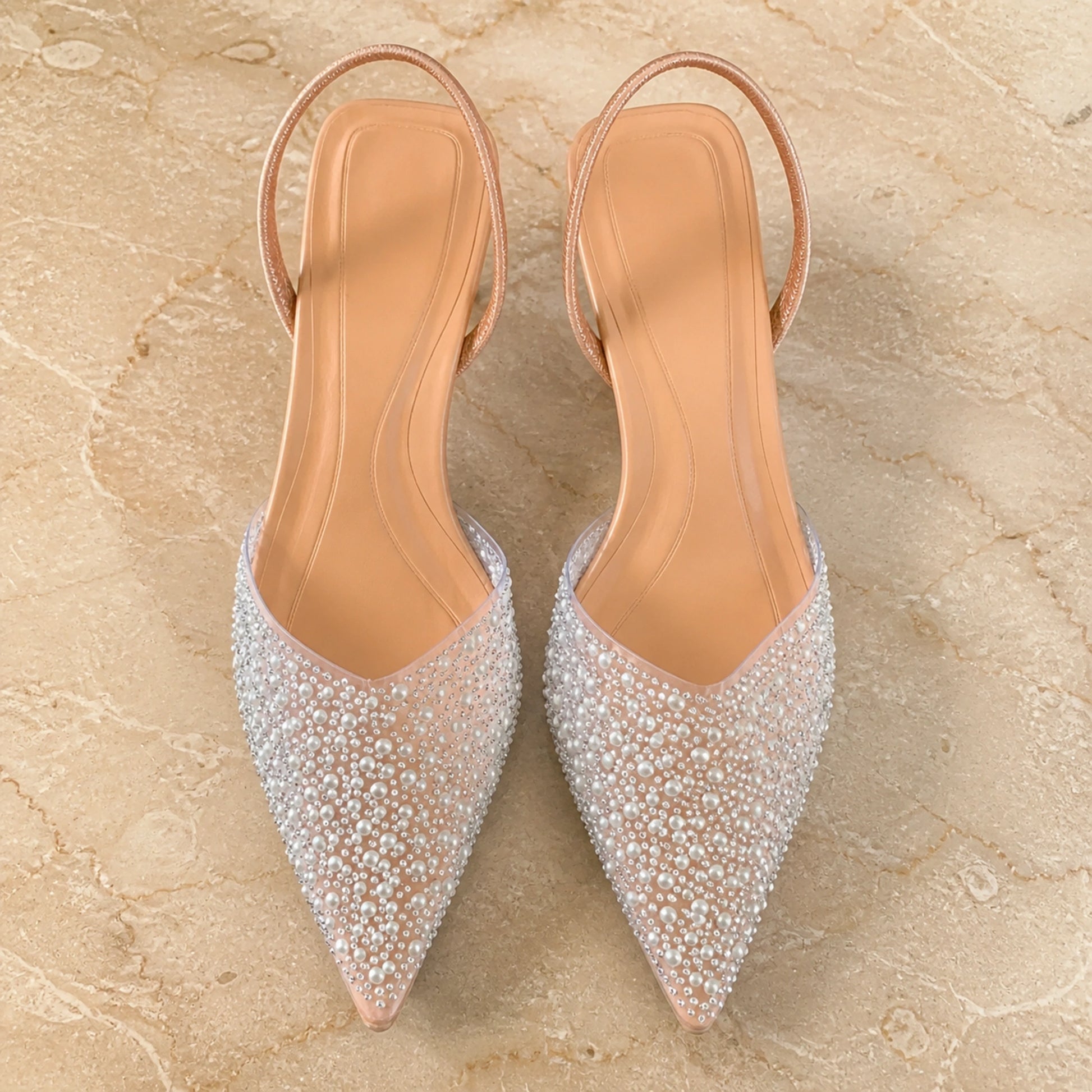 wedding guest shoes — Nude pearl crystal slingback pumps complete overhead view — view 4