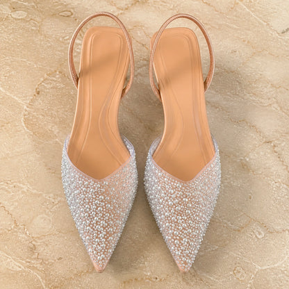wedding guest shoes — Nude pearl crystal slingback pumps complete overhead view — view 4