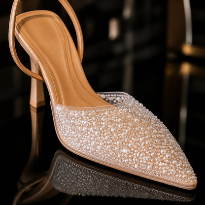 wedding guest shoes — Pearl and crystal transparent pointed vamp construction detail — view 5