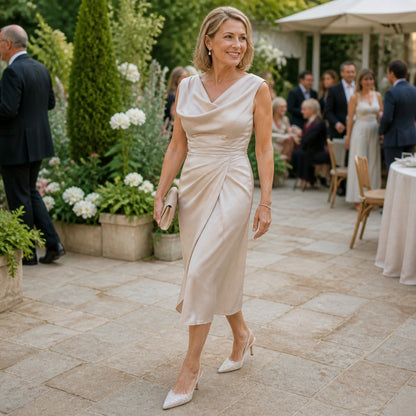 Mature woman wearing pearl crystal slingback wedding guest shoes outdoors — view 6