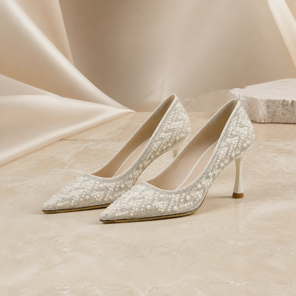 wedding guest shoes — Ivory pearl embellished pointed toe wedding guest pumps with 7 cm heels