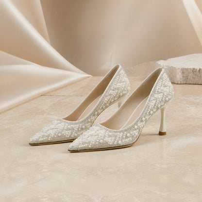 wedding guest shoes — Ivory pearl embellished pointed toe wedding guest pumps with 7 cm heels