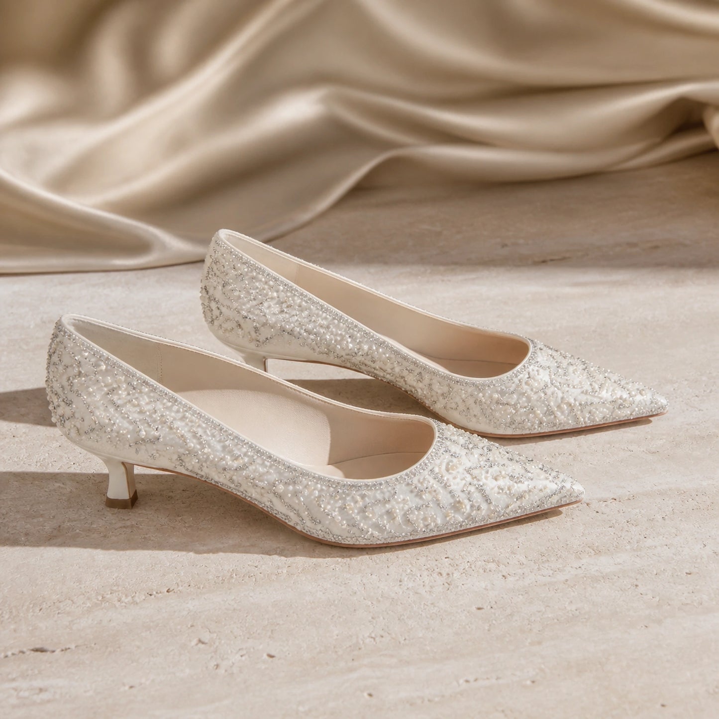 wedding guest shoes — Ivory pearl embellished pointed toe wedding guest pumps with 4 cm heels — view 2