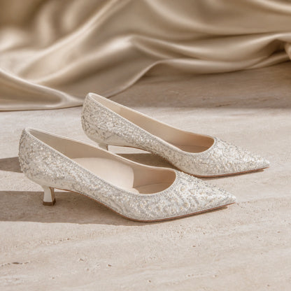 wedding guest shoes — Ivory pearl embellished pointed toe wedding guest pumps with 4 cm heels — view 2