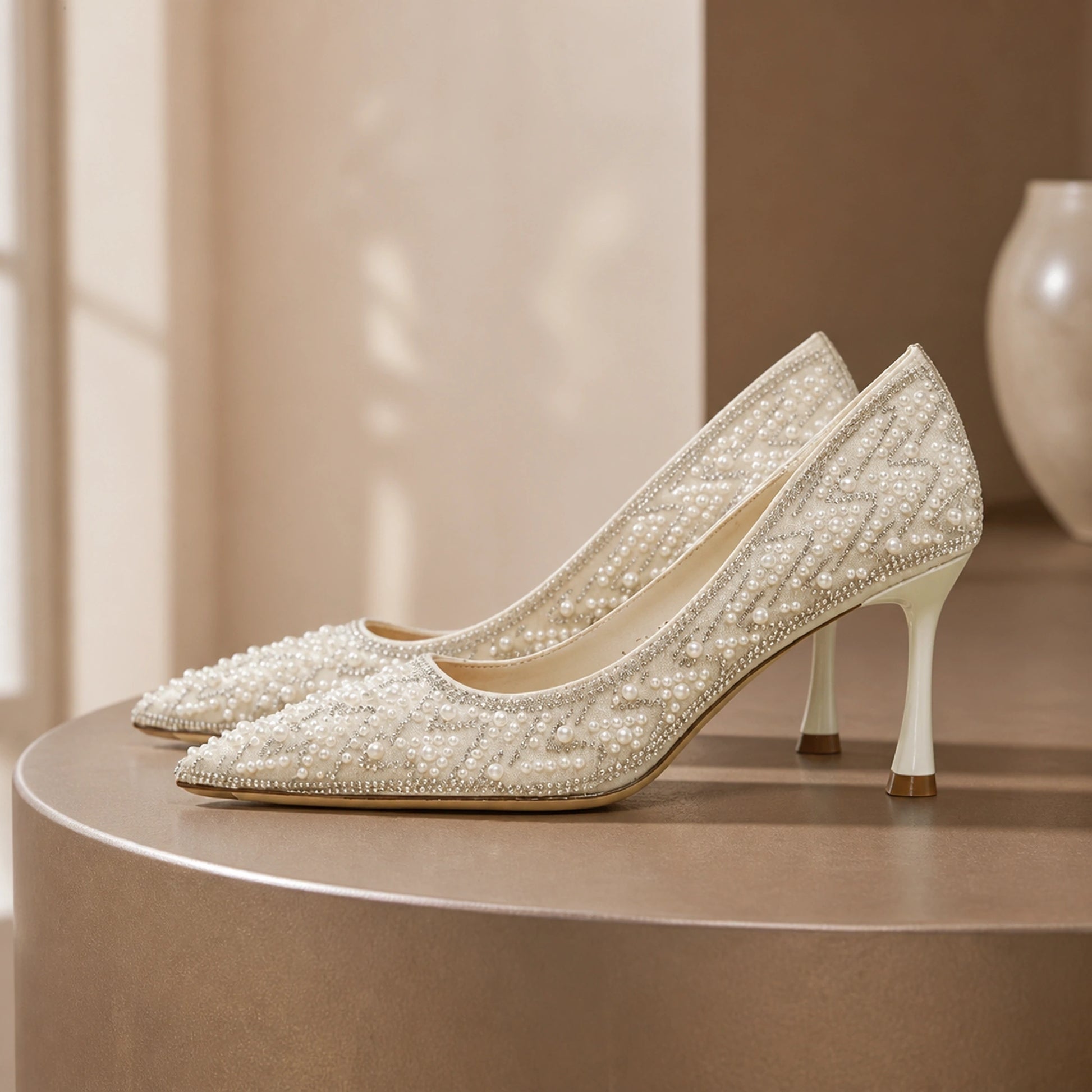 wedding guest shoes — Ivory pearl wedding guest pumps with 7 cm heels in complete side profile — view 3