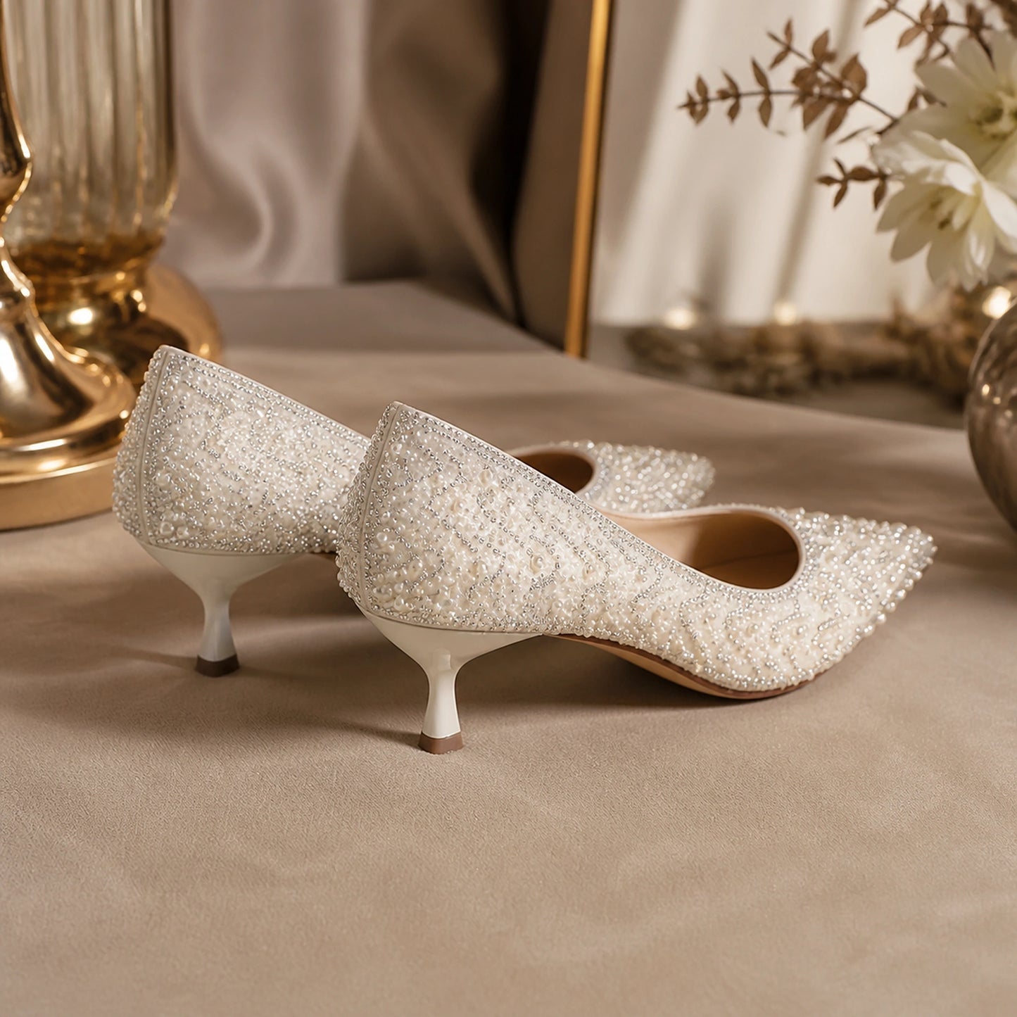 wedding guest shoes — Ivory pearl wedding guest pumps with 4 cm heels from the rear — view 4