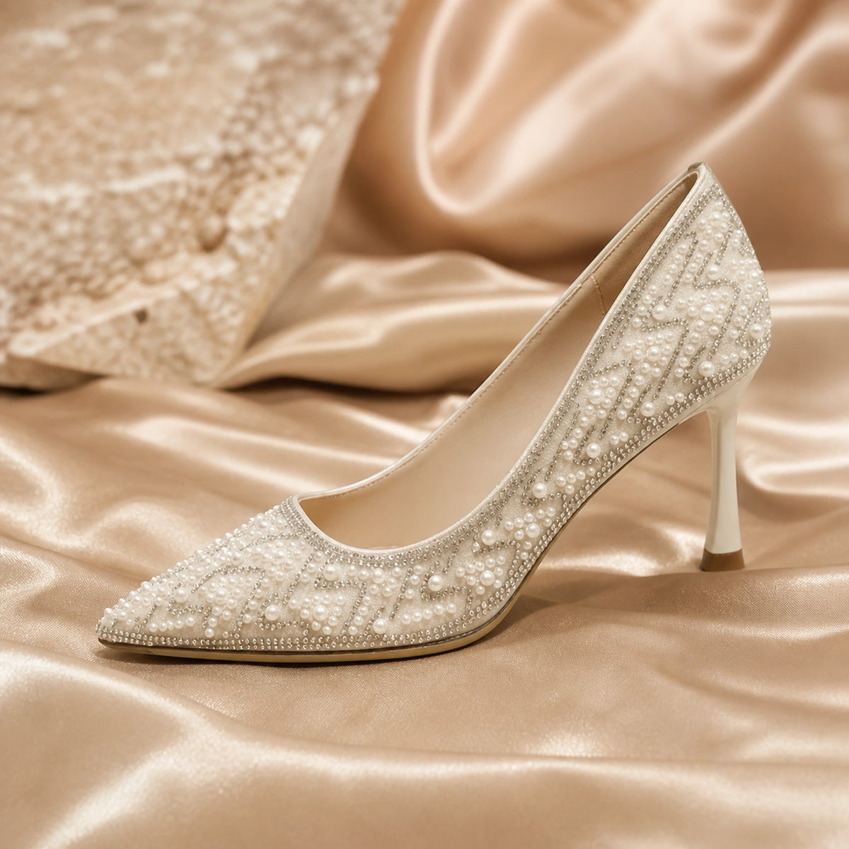 wedding guest shoes — Ivory pearl and rhinestone pointed toe construction detail — view 5