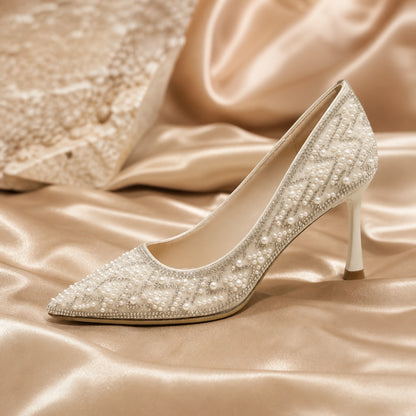 wedding guest shoes — Ivory pearl and rhinestone pointed toe construction detail — view 5
