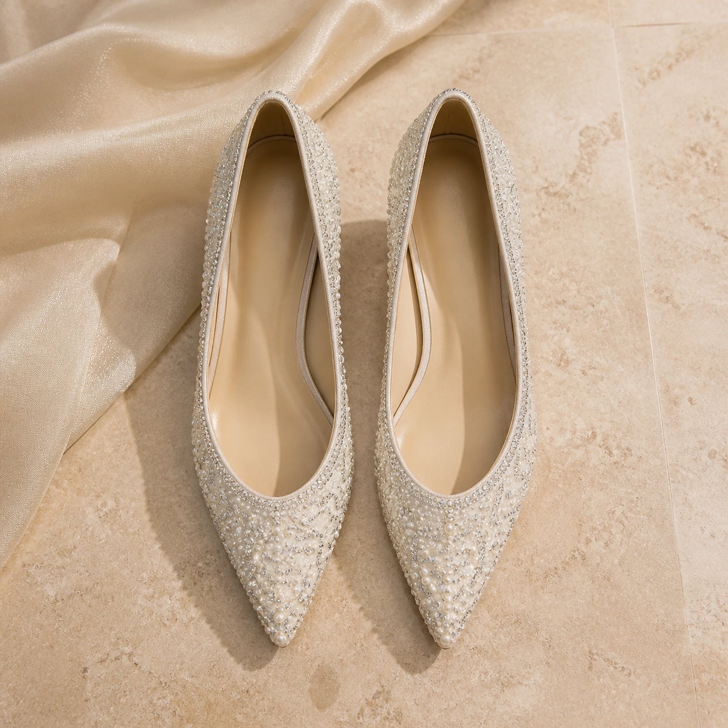 wedding guest shoes — Ivory pearl low heel wedding guest pumps in complete overhead view — view 6