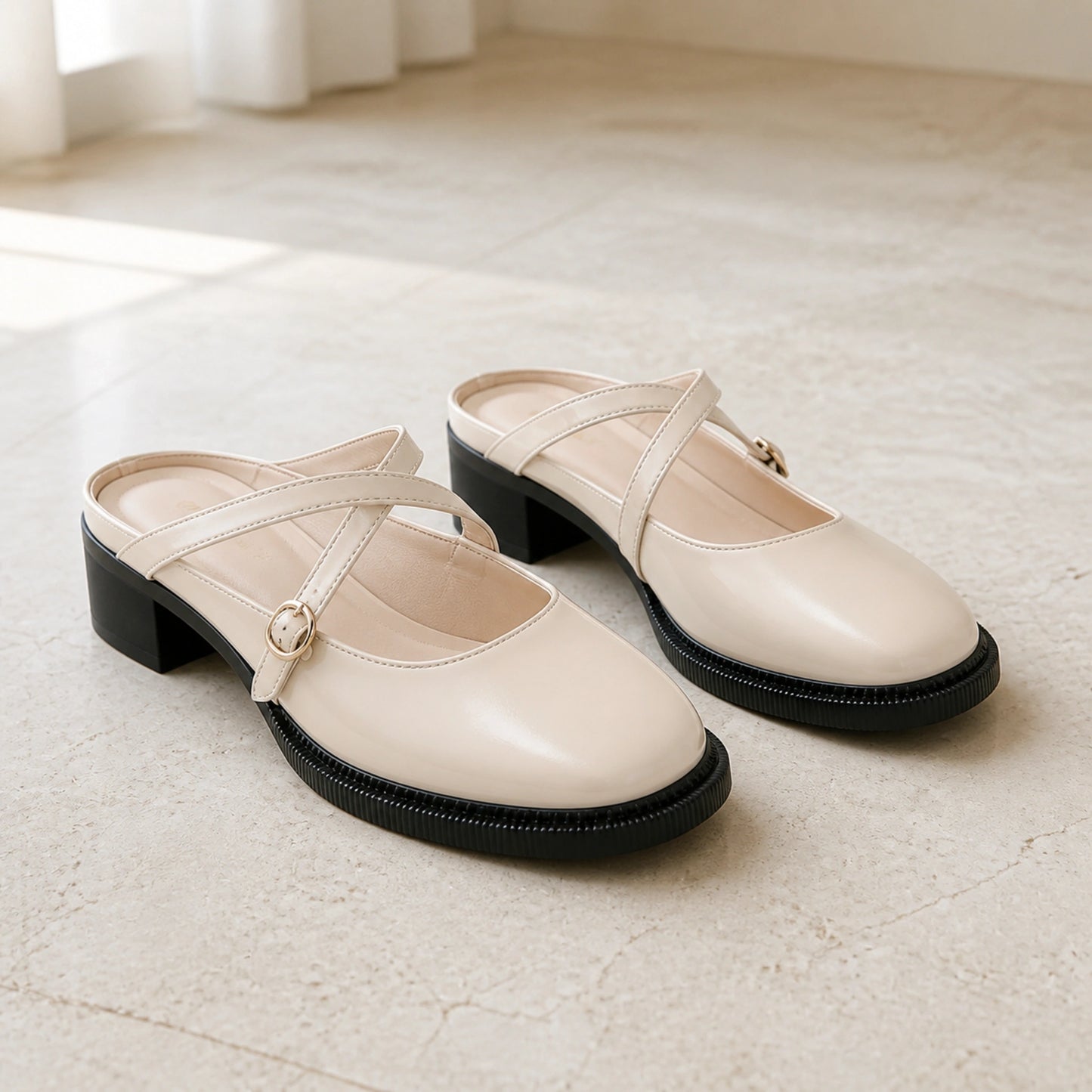 wedding guest shoes — Ivory cross strap backless Mary Jane pumps complete front view
