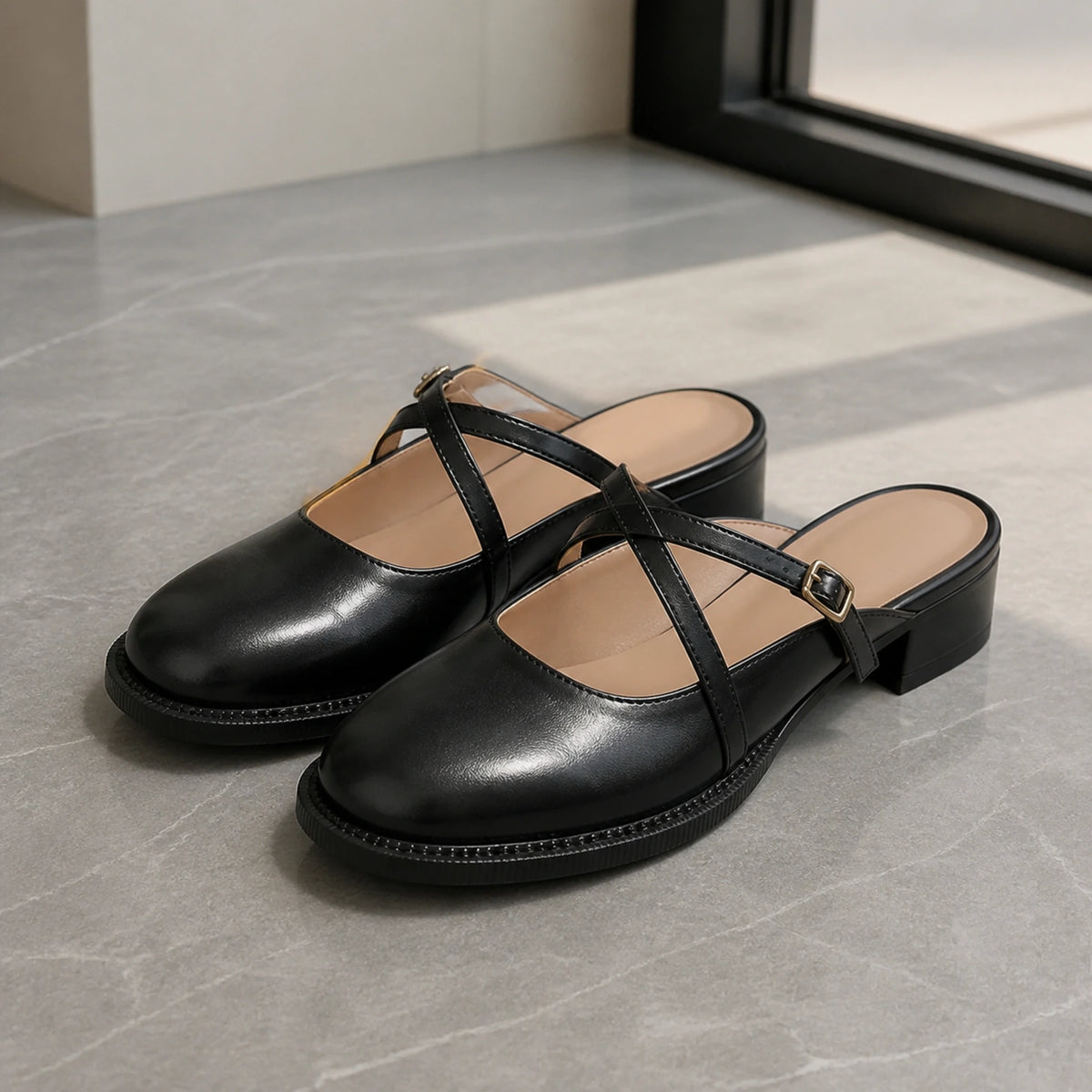 wedding guest shoes — Black cross strap backless Mary Jane pumps complete front view — view 2