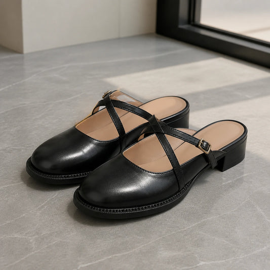 wedding guest shoes — Black cross strap backless Mary Jane pumps complete front view — view 2