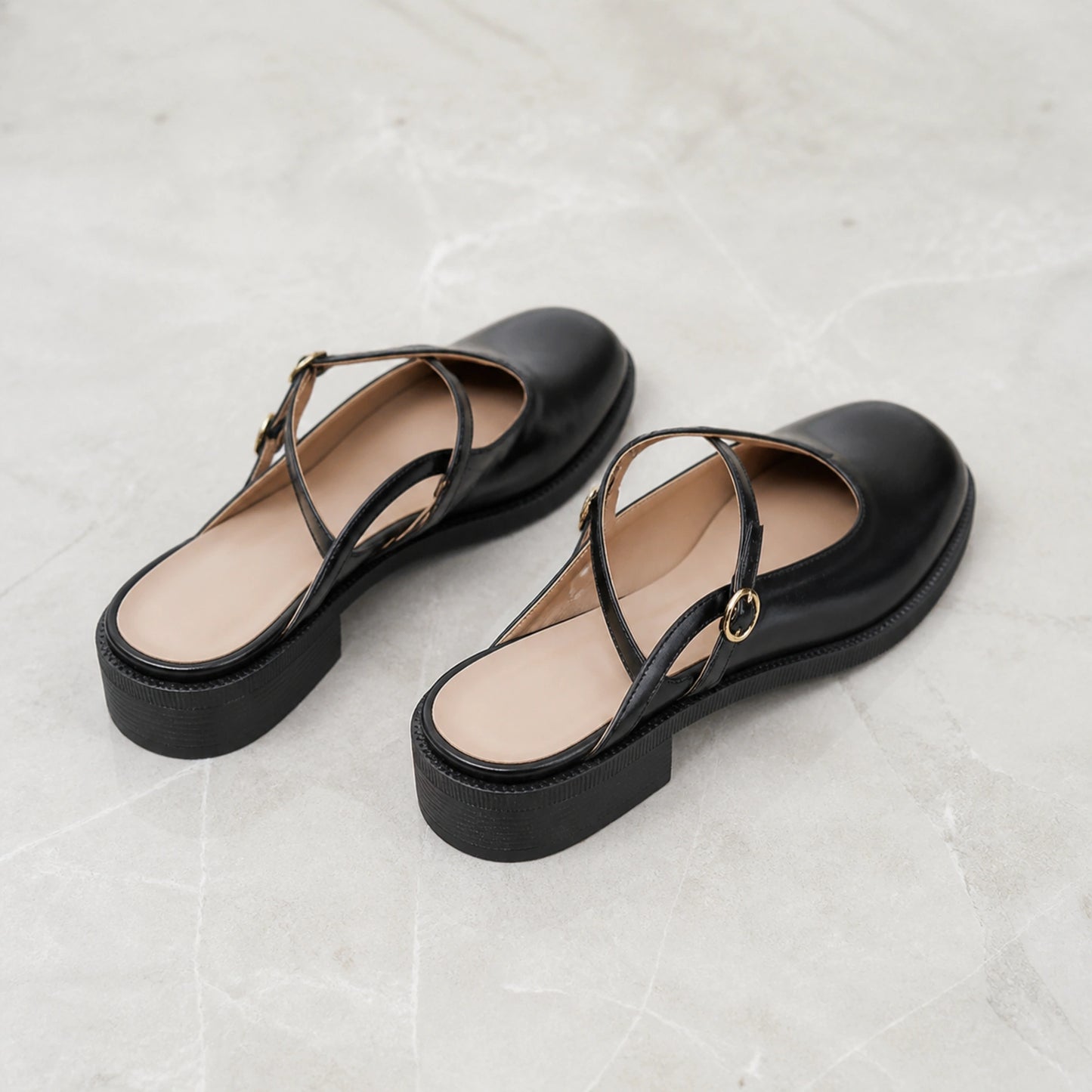 wedding guest shoes — Black backless Mary Jane pumps rear strap and block heel view — view 4