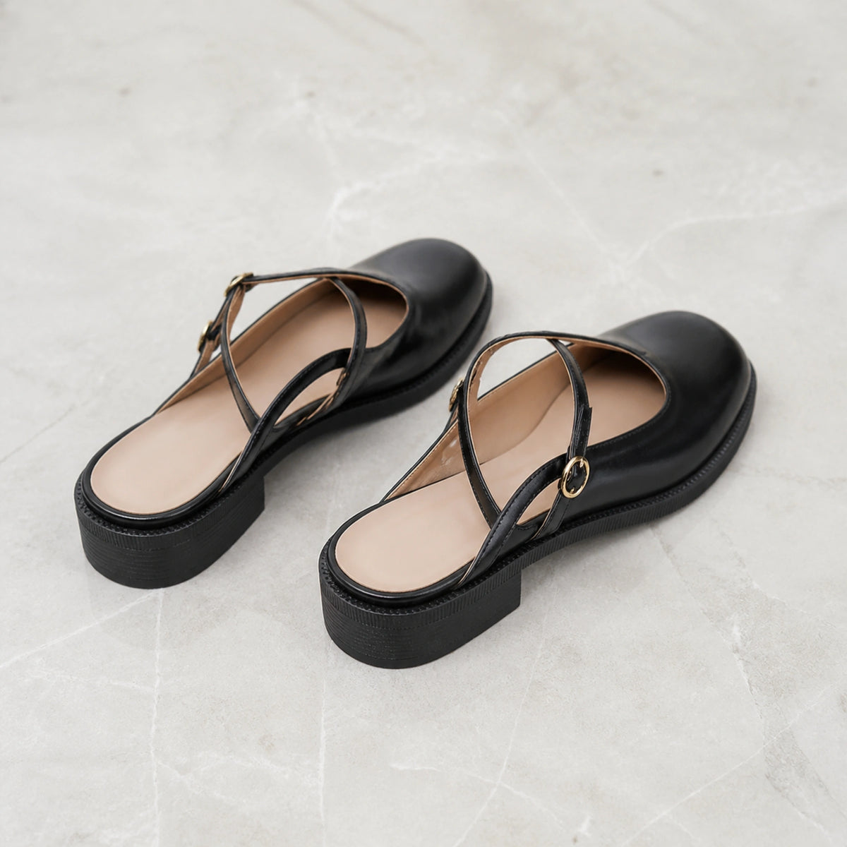 wedding guest shoes — Black backless Mary Jane pumps rear strap and block heel view — view 4