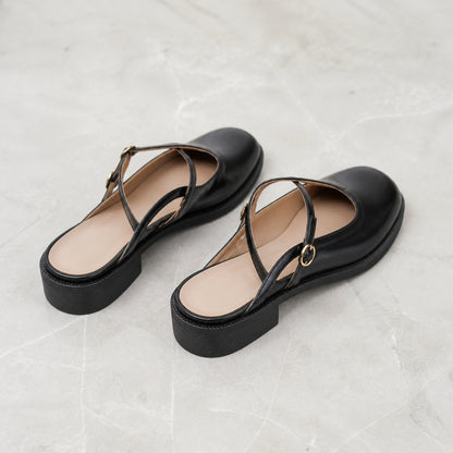 wedding guest shoes — Black backless Mary Jane pumps rear strap and block heel view — view 4