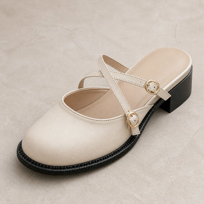 wedding guest shoes — Ivory Mary Jane pump toe strap buckle welt and heel detail — view 5
