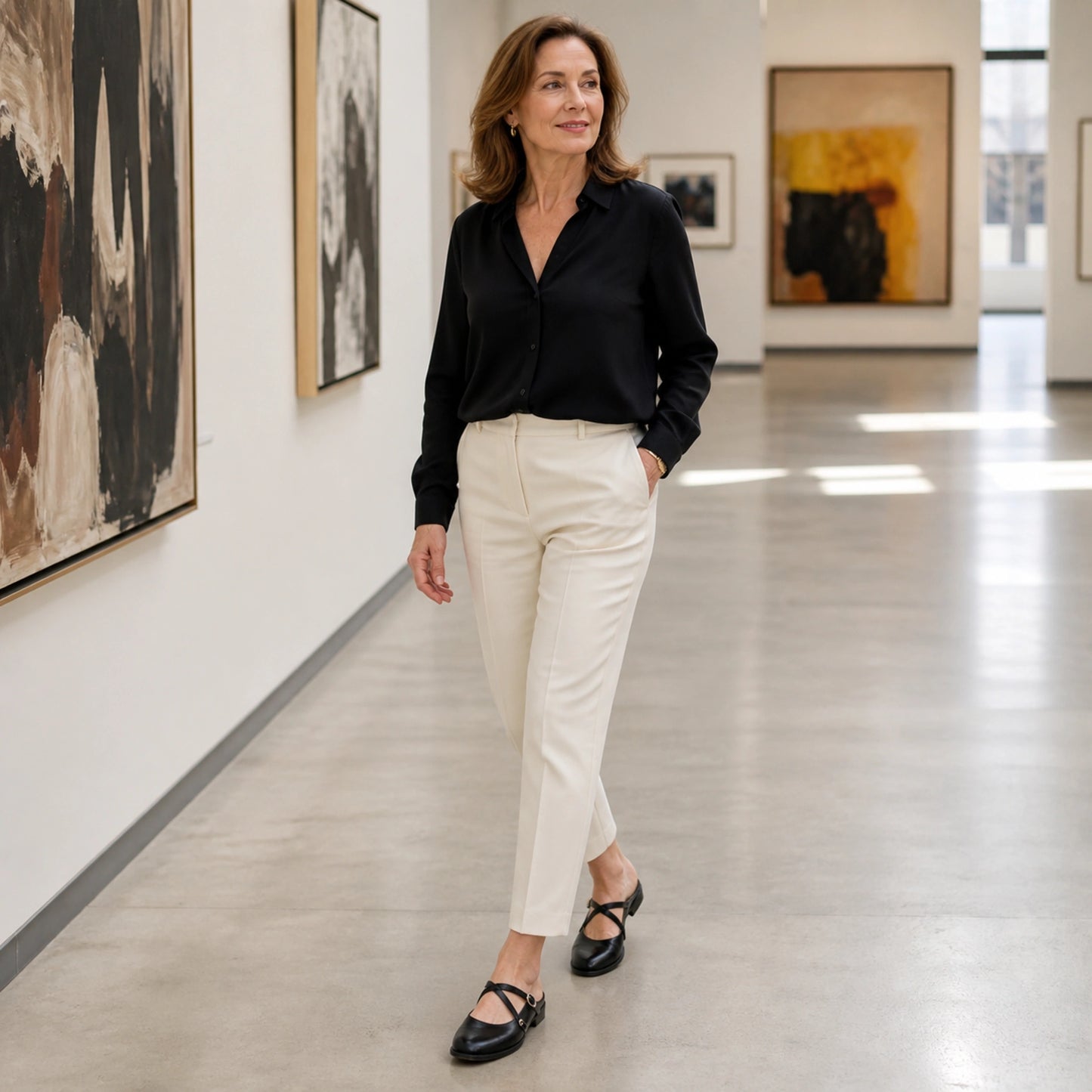 wedding guest shoes — Mature woman wearing black cross strap Mary Jane pumps in an art museum — view 6