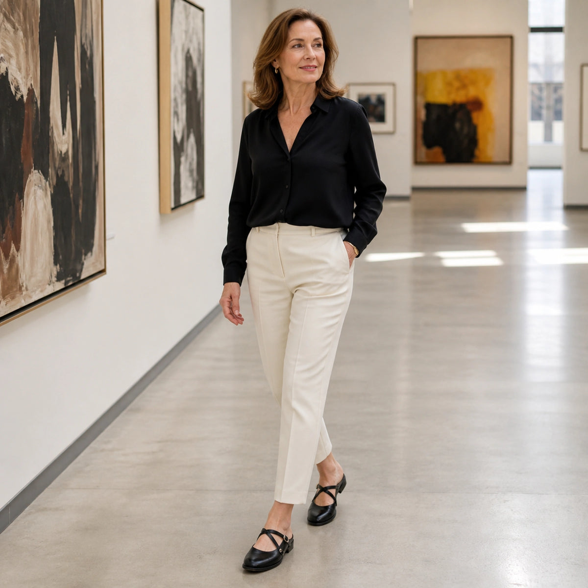 wedding guest shoes — Mature woman wearing black cross strap Mary Jane pumps in an art museum — view 6