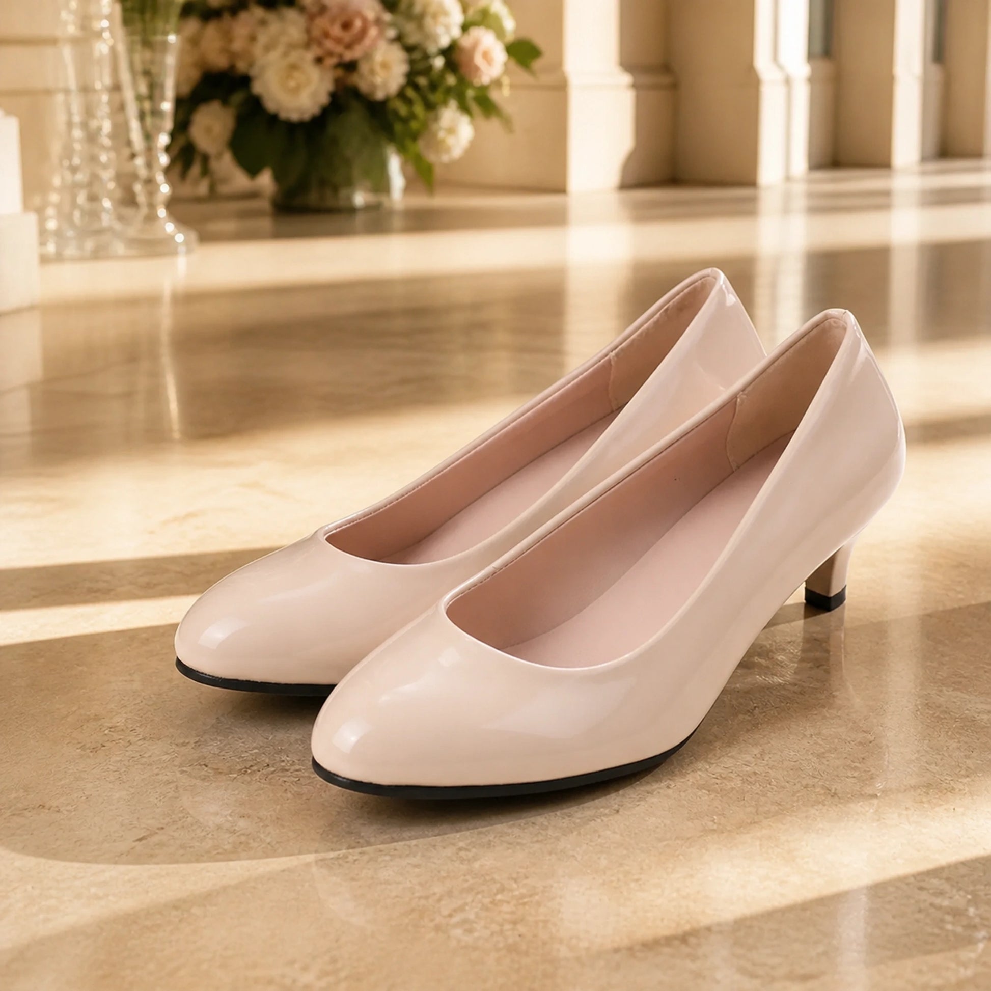 wedding guest shoes — Nude patent low heel wedding guest pumps complete front view